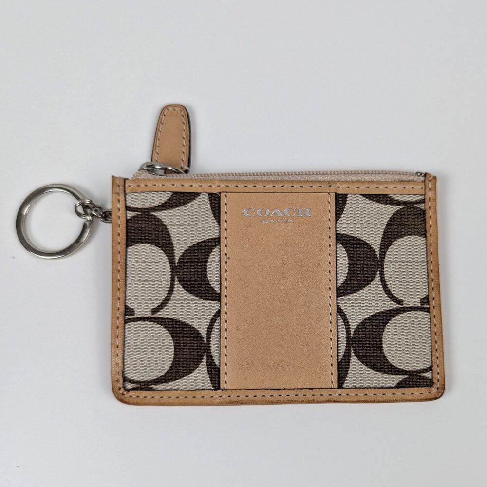 Coach | Tan Multicolor Signature Canvas Leather Wristlet ID Holder Keychain